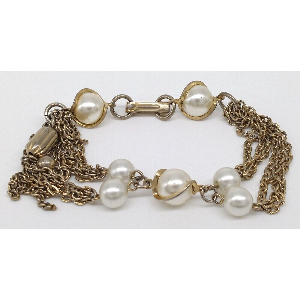 Multi Chain Drop Tassel Bracelet Gold Tone Faux Pearls Wrapped Vintage Elegant!